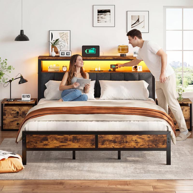 Raybee LED Bed Frame with Charge Station for Queen, Full, King, Platform Bed Frame with Upholstered Ergonomic Heardboard , 2 Tiers of Shelves & 12" Underbed Storage, Industrial Modern Bedroom Furniture, 1000lbs Capacity with Metal Slats & Frame, Black Raybee LED Bed Frame with Charge Station for Queen, Full, King, Platform Bed Frame with Upholstered Ergonomic Heardboard , 2 Tiers of Shelves & 12" Underbed Storage, Industrial Modern Bedroom Furniture, 1000lbs Capacity with Metal Slats & Frame, Black