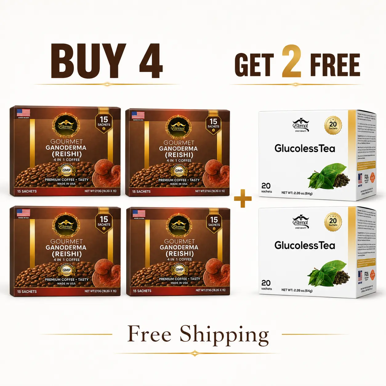 Eternal Spirit Beauty 4-in-1 Ganoderma Reishi Instant Coffee Bundle – Buy 4 Get 2 Free Glucoless Tea – 6 Boxes Total – 15 Sachets per Coffee Box + 20 Sachets per Tea Box