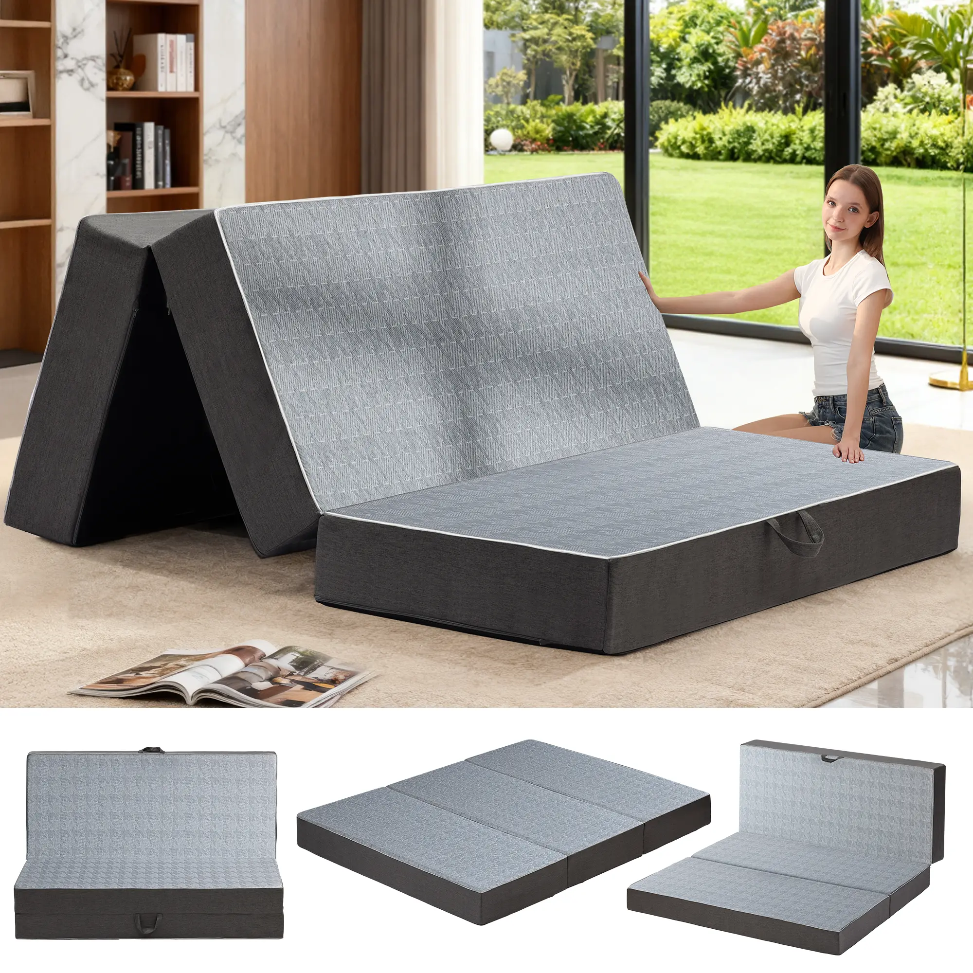 Winzoo 6" Trifold Mattress Queen Size, Thick Memory Foam Futon Topper with Portable Handles & Removable Washable Cover, Floor Sofa Bed with Non-Slip Bottom for Camping Pad, Guest Bed,Yoga