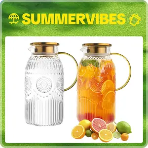 Vintage Glass Pitcher with Lid 68 oz 2 Liter Heat Resistant Carafe for Cold Brew Coffee Lemonade Iced Tea Beverage Drinkware Jugs Classic Home Serving
