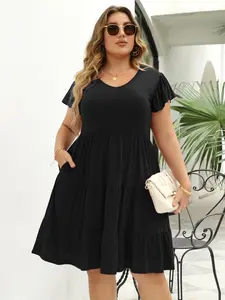 Plus Size Plain Ruffle Hem Butterfly Sleeve A Line Dress, Casual V Neck Short Sleeve High Waist Dress for Summer, Women's Plus Clothing for Daily Wear, Womenswear