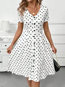 A polka dot V-neck dress with front button placket, tailored waist and A-line silhouette, French retro, Vintage style, Feminine, Lady, versatile for both commuting and casual wear, perfect for daily outings, dates, afternoon te