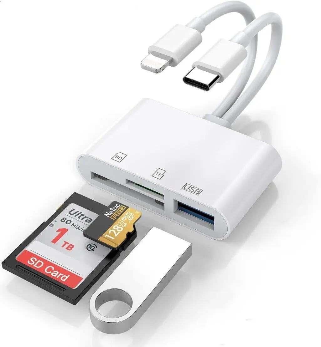 Memory Card Reader, 5-in-1 USB C Lightning to SD/TF/USB OTG Adapter for Micro SD/SDHC/SDXC/MMC, Compatible with MacBook Pro/Air, Chromebook, iPhone 15/14/13/12/11 Pro/Pro Max, Android Galaxy, Plug & Play Portable, Plug And Play, Wide Compatibility