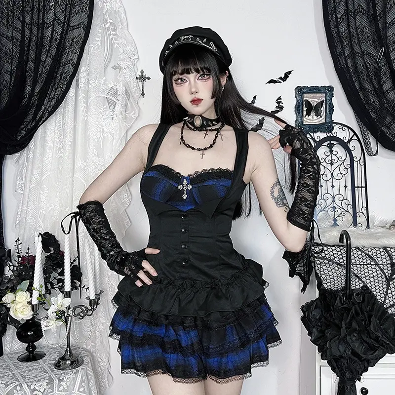 Women's Y2K Gothic 2-Piece Costume Set - Plaid Camisole Corset Top, Layered Ruffle Skirt, Grunge Punk Dark Alt Streetwear Outfit