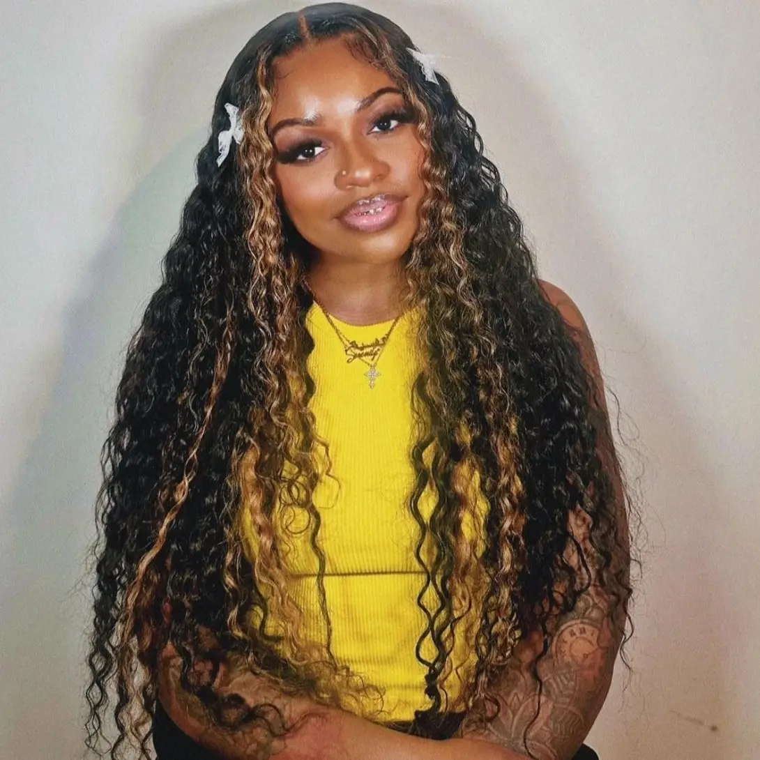 Amanda Hair Glueless Blonde Highlights on Lace 7x5 Pre-cut Pre-bleached Lace Closure Deep Curly Wave Wig Human Hair Long Water Wave Wig #TikTokShopBac