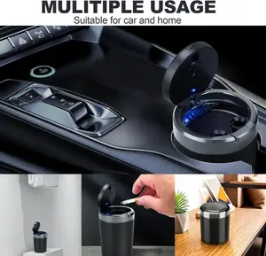 Portable Car Ashtray with Battery-Required LED Light, Lid, and Stowing & Tidying Functionality, Automotive Interior Accessory
