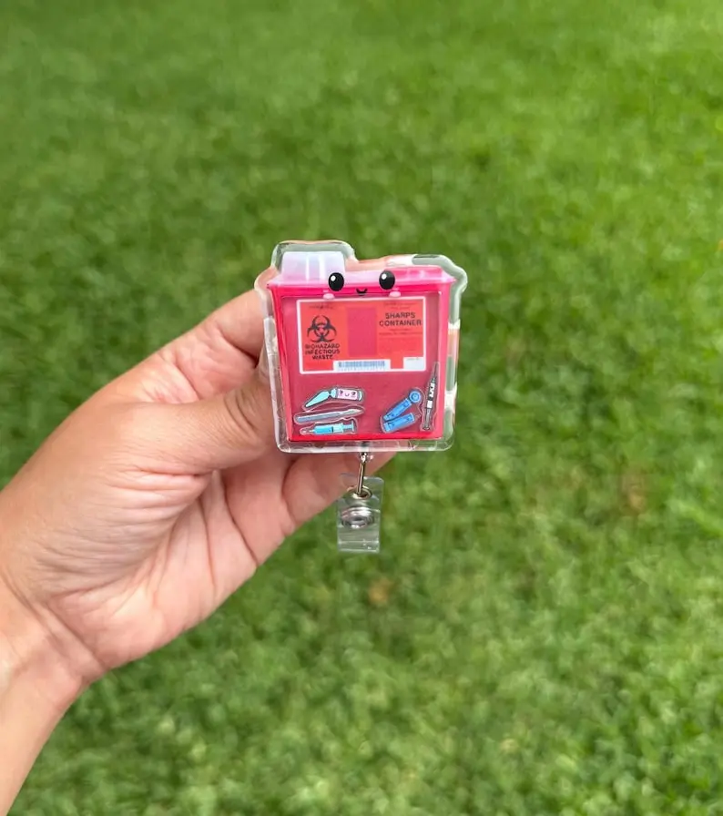 Sharps Container Shaker Badge Reel: Funny Nurse/Medical ID Holder