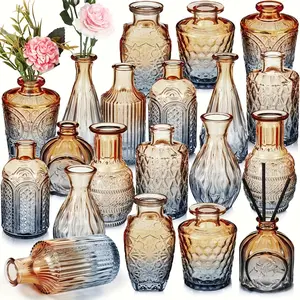 New Set Of 10 Bud Vases For Flowers Small Vintage Glass Bottles In Bulk For Rustic Wedding Centerpieces And Home Table Decorations Bluish Brown Pedestal Ornaments