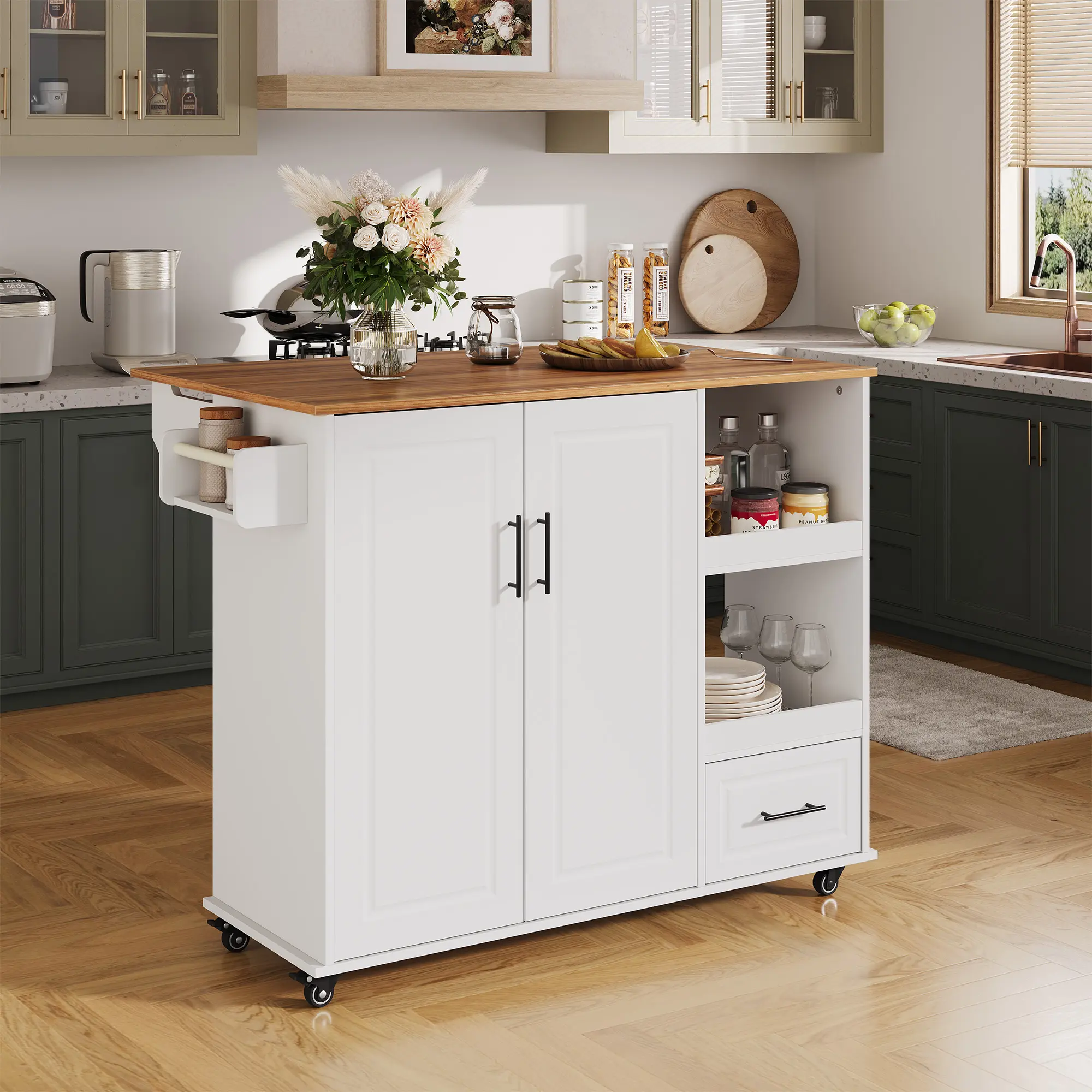 Rolling Kitchen Island on Wheels, 48'' Mobile Kitchen Cart with Drop Leaf, Butcher Block Island with Open Shelf, Drawer, Spice Rack, Wood Top, and Lockable Wheels