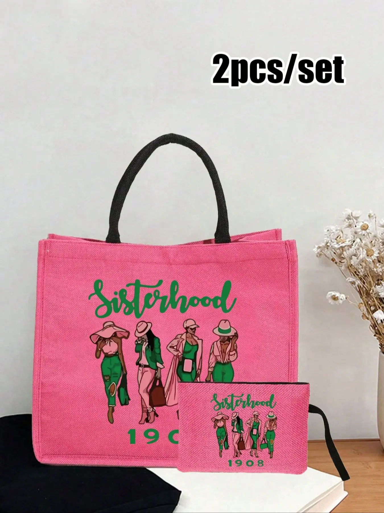 Sisterhood 1908 Classic Large Capacity All Seasons Handbag, Women's Multifunctional Commuter Bag, Sister Pattern Design, Includes Linen Makeup Pouch, Fashionable Bags