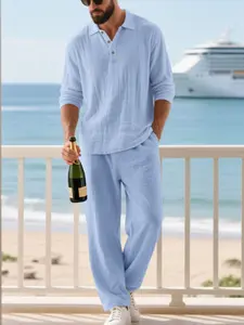 Men's simple, classic and casual linen suit, Hawaiian beach-style tropical casual men's clothing, breathable and loose collared long-sleeved polo shirt plus straight-cut linen trousers set, suitable for daily travel and leisure wear.