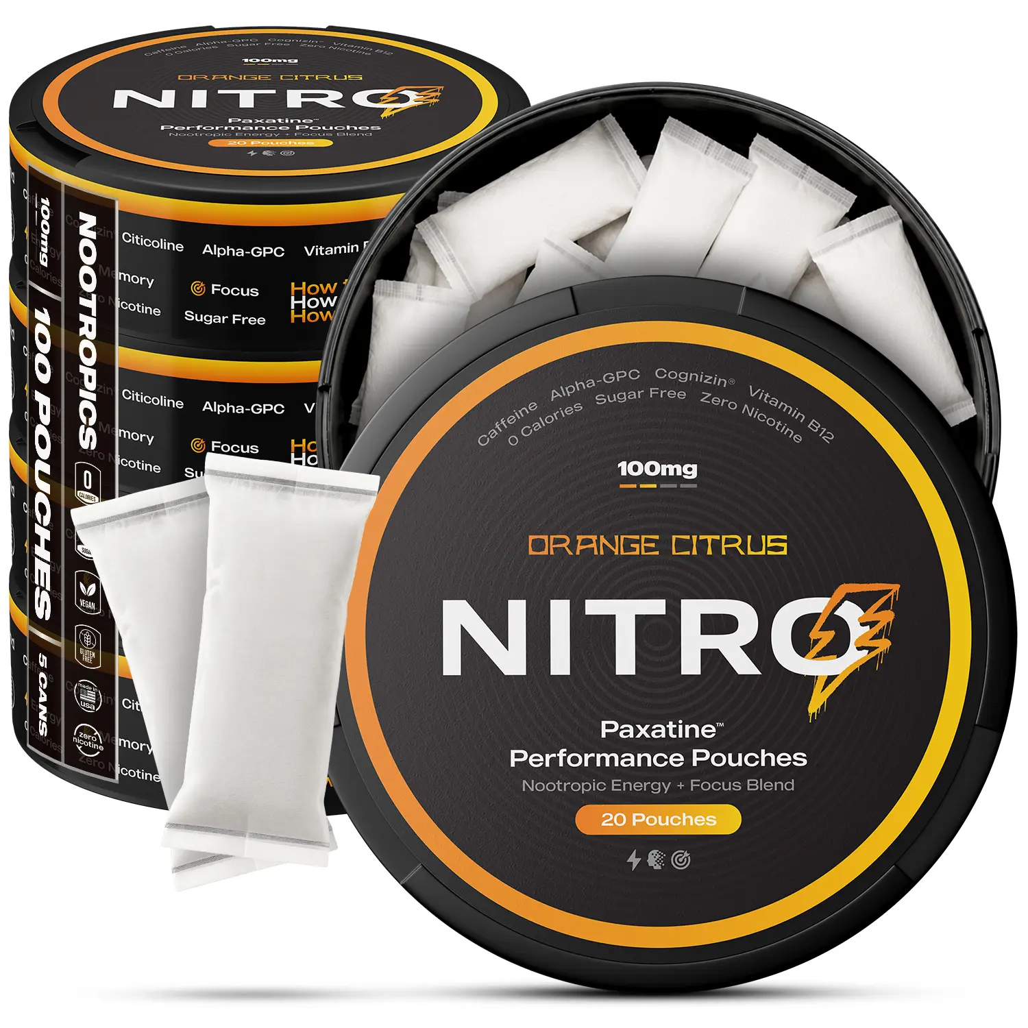 Nitro Nootropic Energy Pouches - Energy + Focus Pouches - 100mg Caffeine, Alpha GPC, Cognizin Citicoline, L-Theanine, Vitamin B12 - No Sugar, Nicotine-Free - 20 Pouches Per Can - 3 Pack - Orange Citrus