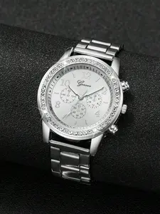 Women's Elegant Rhinestone Decorated Quartz Watch, Fashionable Round Dial Stainless Steel Strap Wristwatch, Trendy Watch for Women As Gift, Rhinestone Watches