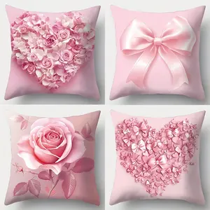 4pcs Valentine's Day Pillowcase Set with Pink Roses & Heart Patterns - Contemporary Bed Covers Suitable for Sofa, Bed, Living Room Decor - Zipper Closure, Machine Washable (Pillow Inserts Not Included)