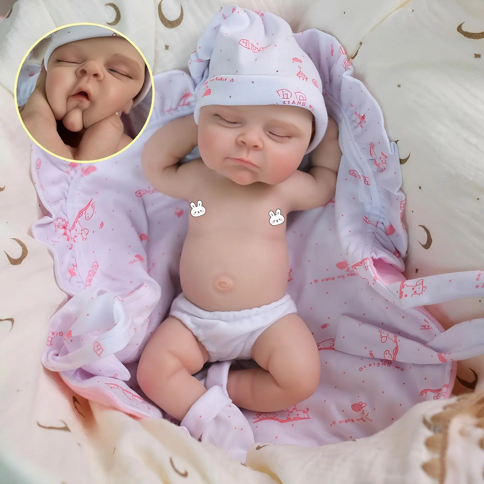 12-Inch Reborn Doll, Solid Silicone All Over Lifelike Doll, Pink Printed Swaddle Blanket, Birthday/Christmas Gift for Aged 4+