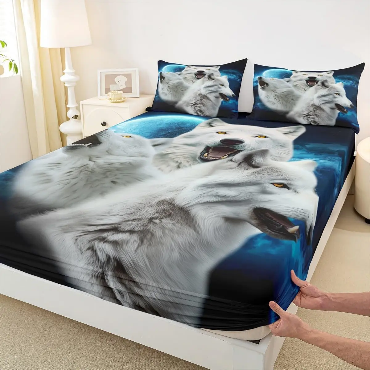 Feelyou 3D White Wolf & Night Moon Print Aesthetic Fitted Sheet Set - Soft, Breathable Bedding Set for Room Decor, Aesthetic Fitted Sheets
