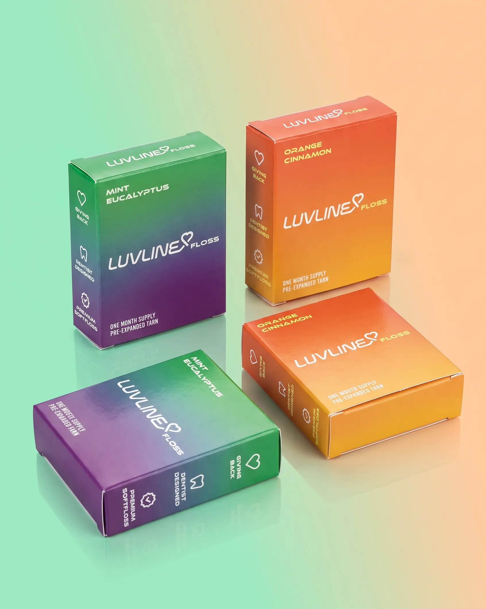LUVLINE Mint Eucalyptus and Orange Cinnamon 4-Piece Set — 4pc Pre-Expanded Dental SoftFloss infused with Xylitol and Vitamin E, Dentist-designed Oral Care to Fight Cavities — 4 Floss Spools (1 Month Supply each)