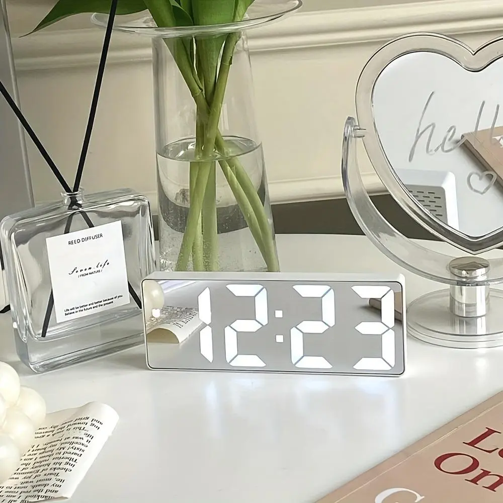 LED Mirror Alarm Clock - Voice Control Digital Clock with Snooze Extra Mins, Soft Night Glow, Lightweight Black Plastic Desk Accessory for Bedroom Aesthetic Room Decor (Battery Not Included), Home