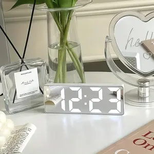 LED Mirror Alarm Clock – Modern Sound Control Digital Clock for Bedroom & Office, Aesthetic Room Decor Essential(without Battery) Light Lightweight Plastic Black