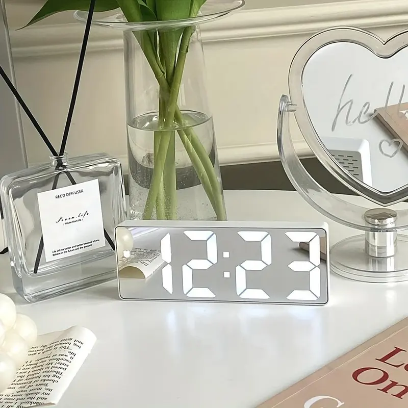 Modern LED Mirror Alarm Clock - Voice Control Digital Clock with Snooze Extra Mins, Soft Night Glow, Lightweight Black Plastic Casual Desk Decor, Decorative Bedroom/Living Room/House Decor Alarm (Battery Not Included)