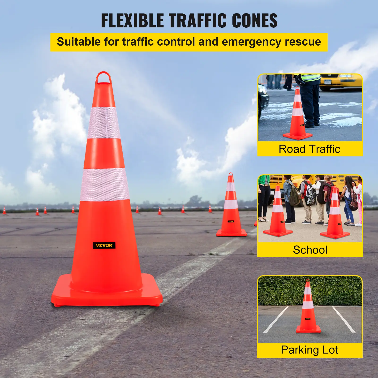【summerfinds】VEVOR Safety Cones, 12 x 28\" Traffic Cones, PVC Orange Construction Cones, 2 Reflective Collars Traffic Cones with Weighted Base and Hand-Held Ring Used for Traffic Control, Driveway Road Parking