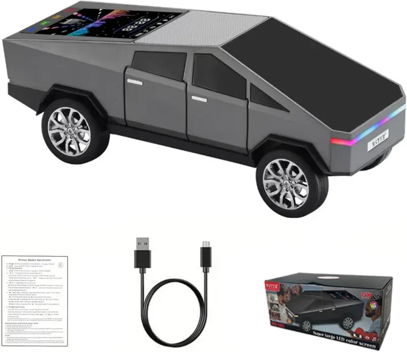 WS-580 Bluetooth Pickup Truck Speaker with Display Screen, HD Sound, TWS Pairing, FM Radio, Hands-Free Calling, LED Party Lights, Gray