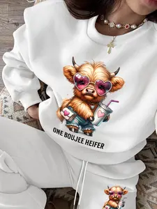 Women's Fashion Highland Cow Print Sweatshirt Set, Velour Sporty, Casual Straight Leg Pants, Spring Fall Winter