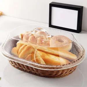 Classic Woven Bread Basket with Clear Acrylic Lid, Durable Washable Food Tray for Kitchen Picnic Home Display, Ideal Storage Organizer, Food Storage Containers