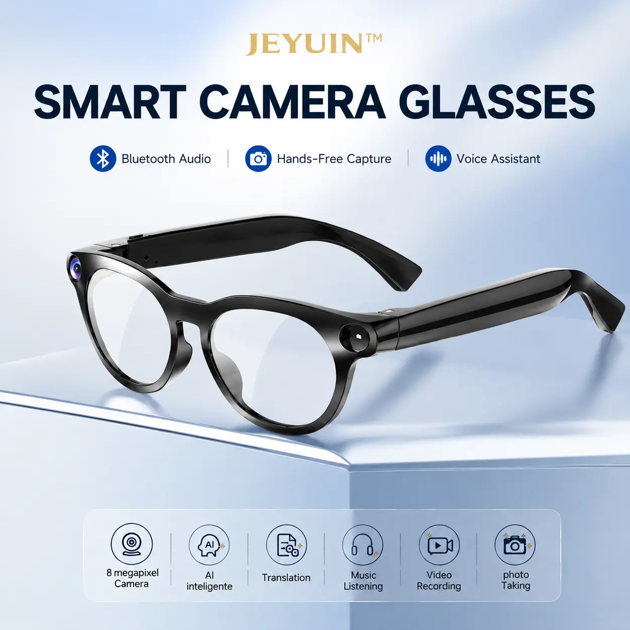 JEYUIN  Smart Glasses with Photochromic Lenses, Bluetooth Audio, Hands-Free Photo & Video Capture, Language Translation Support, Voice Assistant, WiFi Connection, iPhone Android Compatible, Wearable Tech Gadget for Travel, Hiking, Everyday Use & Gifts