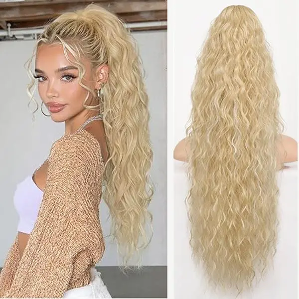 Women's 30in Claw Clip Ponytail Extension - Wavy Curly Wave, Strong Hold, Fluffy Natural Look, Synthetic Hairpiece for Daily, Casual, Bohemian Ponytail Hairstyles - Light Blonde Blonde Curly Hair Synthetic Extensions & Pieces