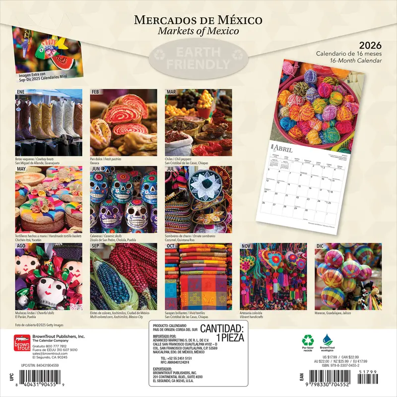 Mercados de Mexico | Markets of Mexico | 2026 12 x 24 Inch (Hanging) Monthly Square Wall Calendar | English/Spanish Bilingual | Plastic-Free | BrownTrout | Clothes Toys Food Shopping 1