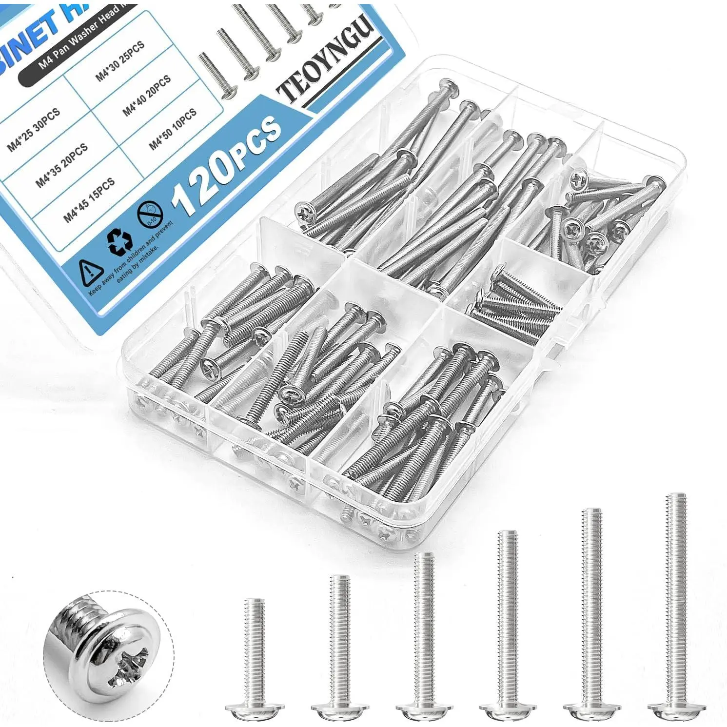 120PCS Metal Phillips Fastener Kit - Cabinet Pulls, Knobs, M4*25/30/35/40/45/50mm Pan Washer Head Screws for Cabinets, Desks, Chairs, Drawers, Cupboards, Closets with Installation Hardware (Excludes Covers), Easy Installation
