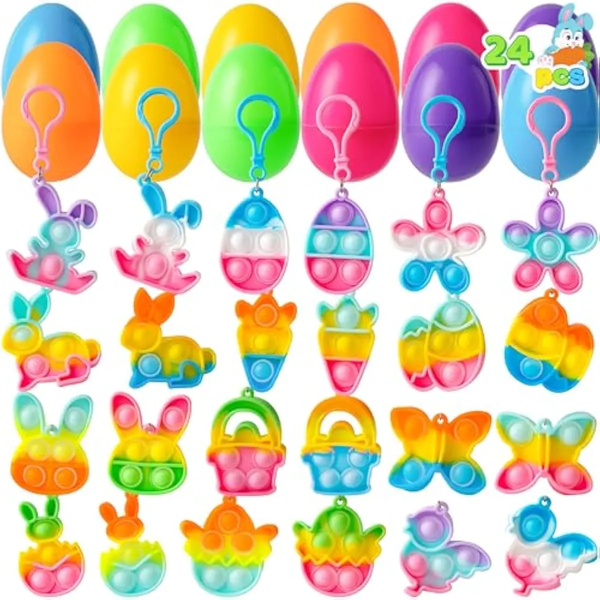 24 Pcs Prefilled Easter Egg with Mini Pop Fidget Bubble Keychain for Kids, Fidget Sensory Stress Relief Toy for Basket Stuffers, Easter Egg Hunt, Party Favors