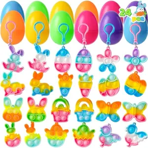 24 Pcs Prefilled Easter Egg with Mini Pop Fidget Bubble Keychain for Kids, Fidget Sensory Stress Relief Toy for Basket Stuffers, Easter Egg Hunt, Party Favors