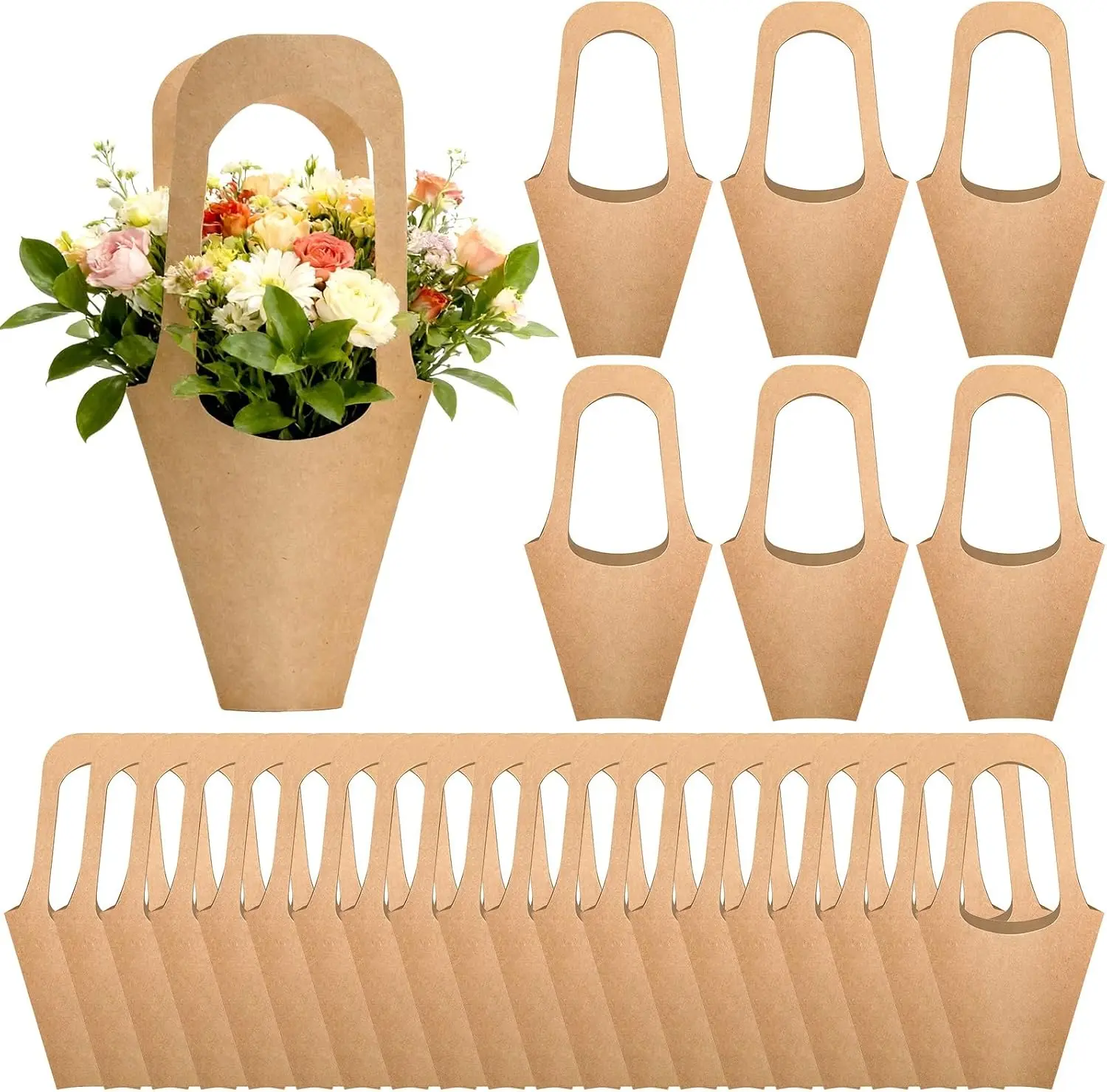50Pcs Kraft Paper Flowers Gift Bags with Stickers 14Inch Bouquets Bags Cones Flower Bouquet Bags With Handle To Make Bouquets For Wedding,Paper Wedding Birthday Gift Bag Valentines Day Gift Bag - Home Improvement.