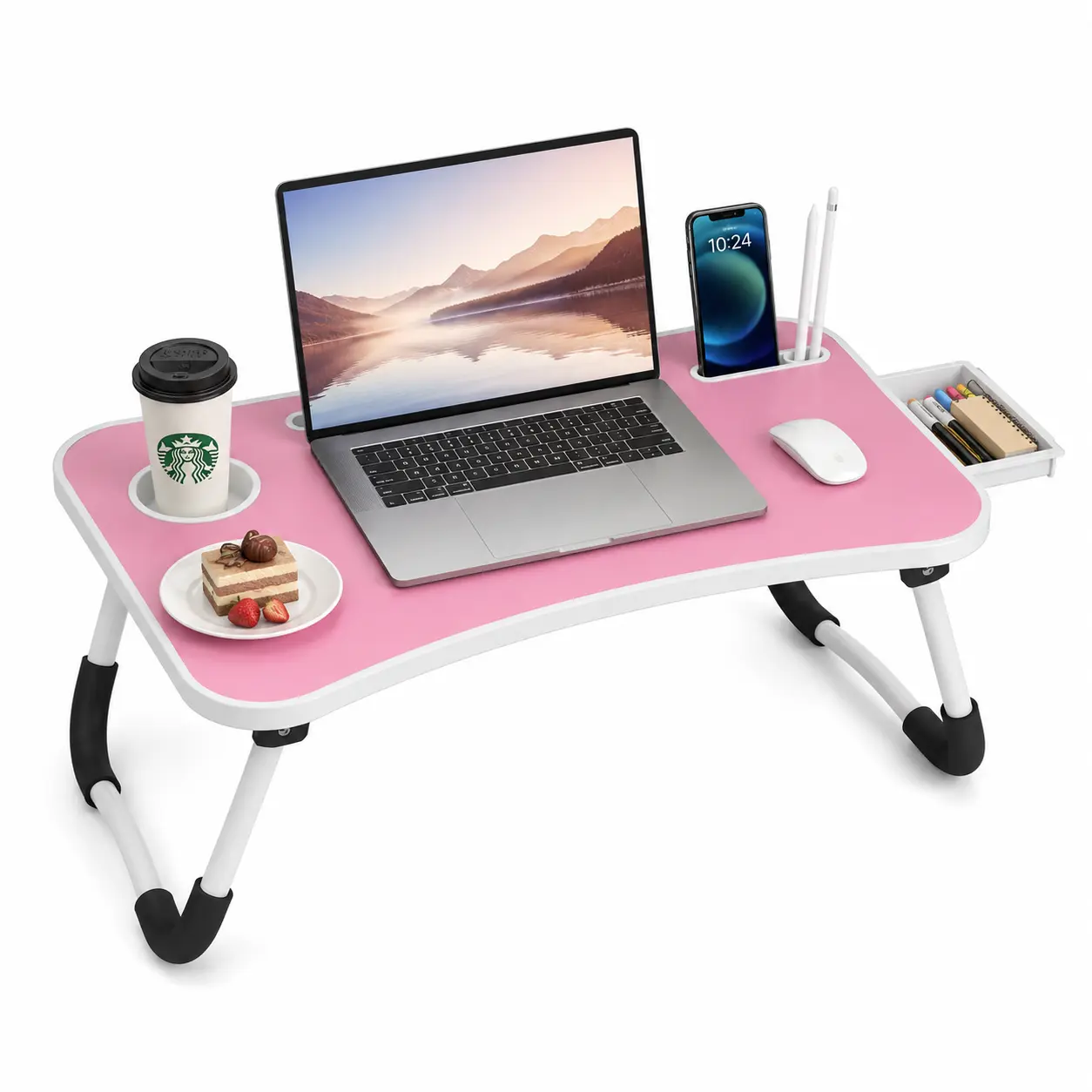 Adjustable Height Foldable Lap Desk 23.6" with 4 USB Charging Ports, Handle, Nonslip Durable Edge Slots, Cup Holder & Drawer for Reading Writing Eating & On-the-Go Use