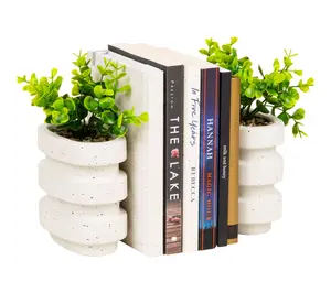 Mind Reader Ribbed Cement Planter Bookends, Faux Greenery
