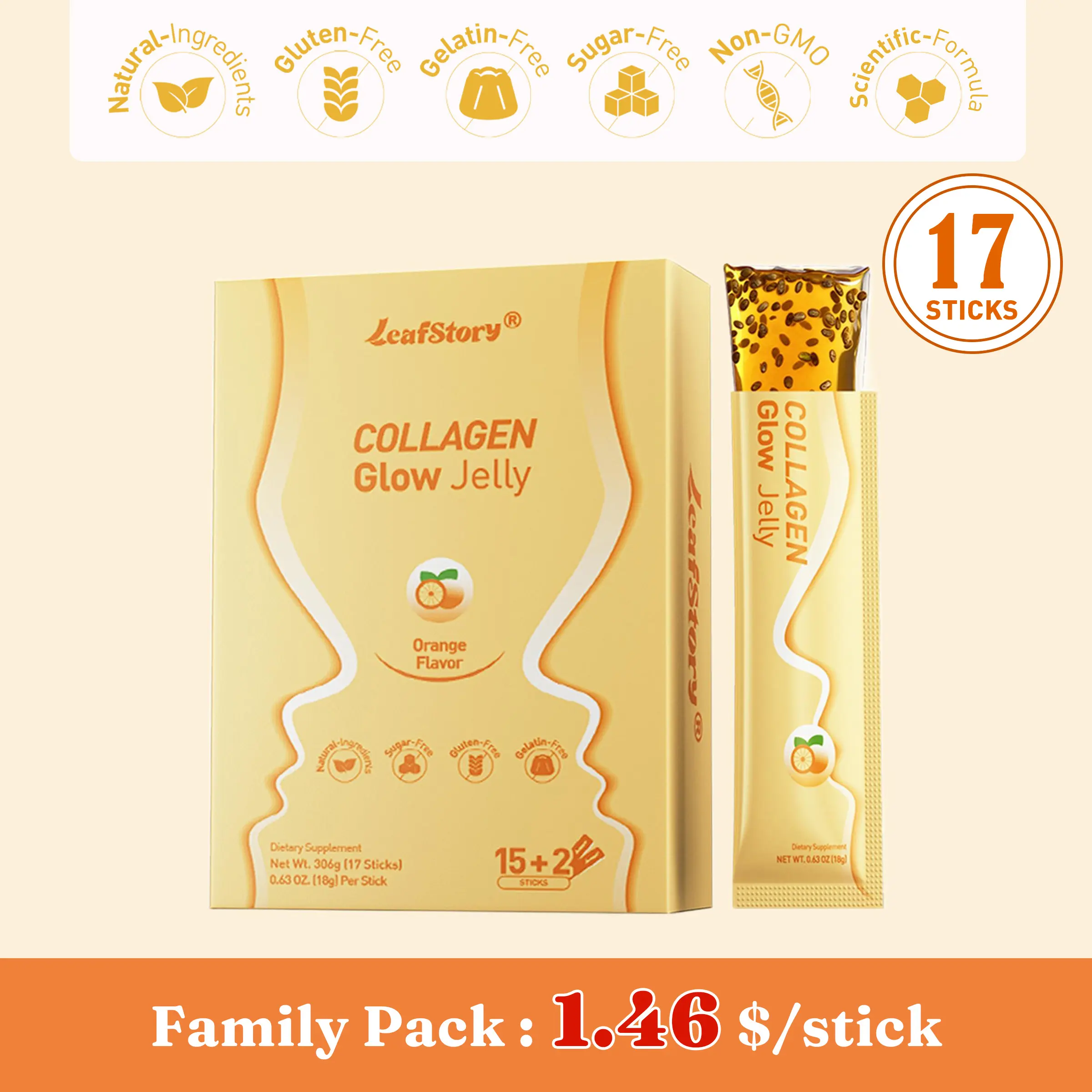 1 pack of Collagen Glow Jelly(15+2 Free Sticks)