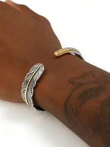 1Pc Vintage Men's Creative Alloy Feather Open Bangle Bracelet #FeatherBracelet#MensBracelet#VintageBangle#OpenBangle#AlloyBracelet#MensJewelry#StreetStyle#FeatherDesign#CoolBracelet#PersonalizedJewelry