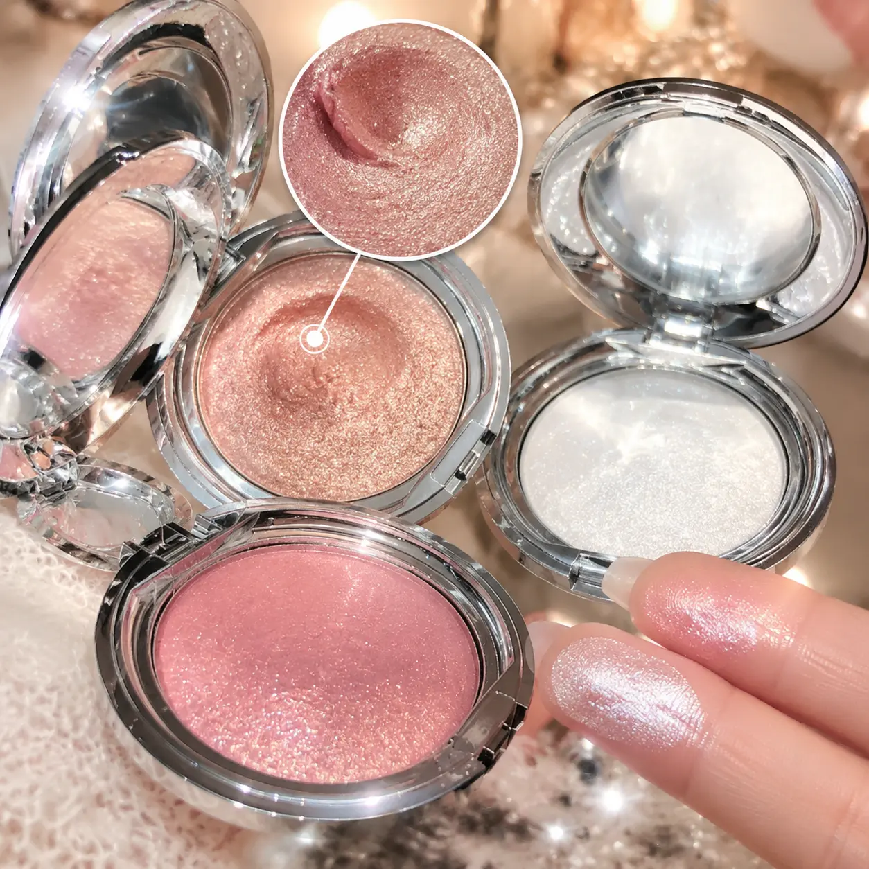 3 Pack Rose Gold Highlighter Palette, Diamond Shimmer Powder with Pearlescent Glow, Long-Lasting Multi-Use Cosmetic for Face, Eyes, and Cheeks, Single Item