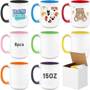 8 Pack Sublimation Mugs Blank,15oz Sublimacion Coffee Mugs Ceramic Cups with Box,Tazas Para Sublimacion,Bulk Mugs for Milk  Latte Hot Cocoa,8 Colors