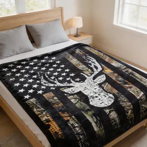 Flag & Deer Head Pattern Flannel Blanket Soft Comfortable Warm Throw for Home Office Travel Camping Cool Bedroom Bedding 1 Count