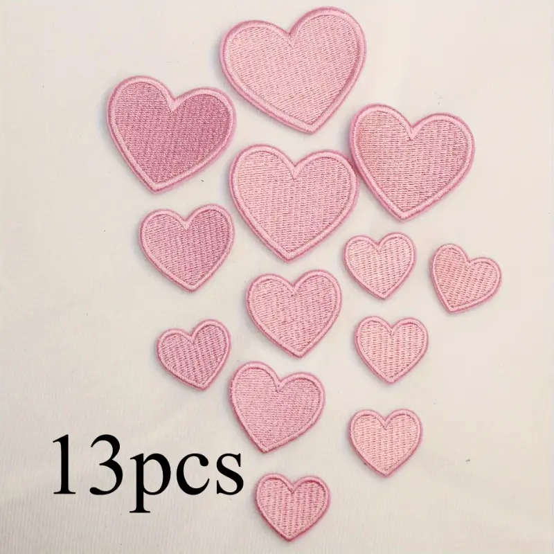 13pcs Heart Embroidered Applique Patches Set, Pink Polyester Iron-On Heat-Resistant Fabric Decals, Embroidery Patches for Clothing, Shoes, Bags, and Socks Decoration - All-Season Accessory