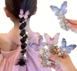 3 Piece Mesh Butterfly Telephone Cord Hair Ties, Beaded Flower Design Hair Accessory Set, Decorative Hair Bands for Daily Wear, Casual Matching And Party Occasion Styling