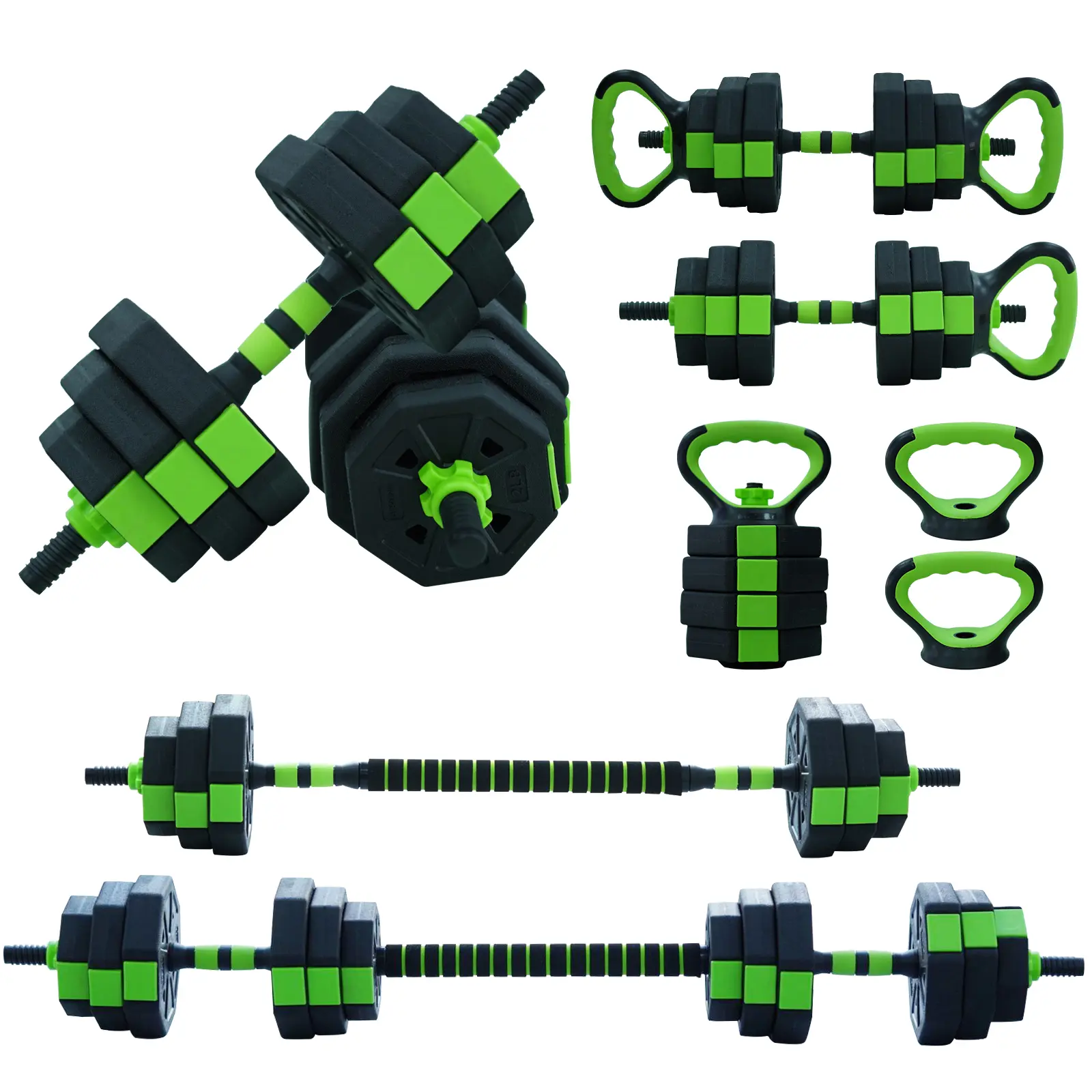 Dumbbell Set, 44 lbs Multifunctional Adjustable Weights, Green 4-in-1 Home Gym Equipment, Combines Dumbbell Barbell Kettlebell and Push up Stand for Adult Fitness Use