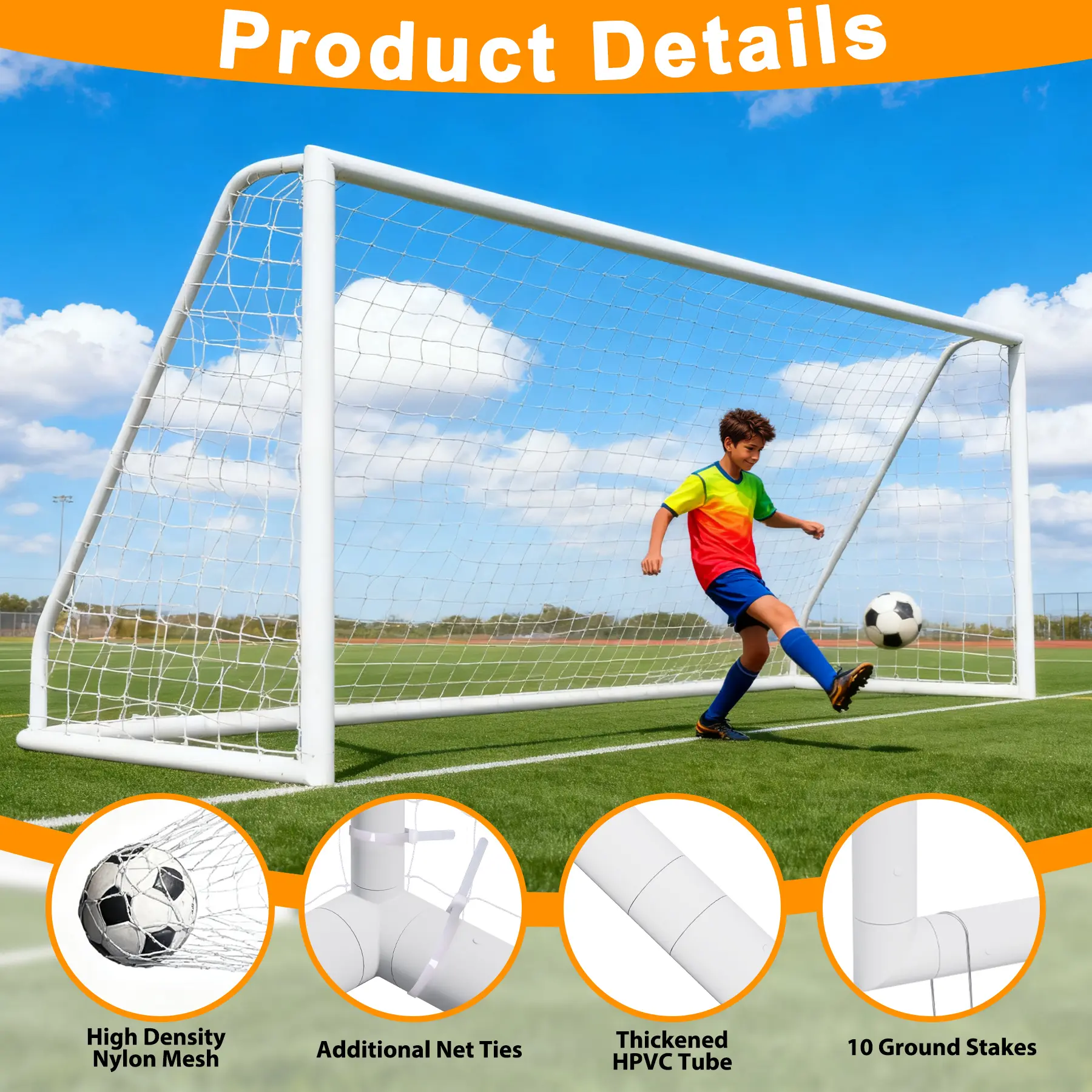Answer E 12x6FT Portable Soccer Goal - Heavy-Duty UPVC All-Weather Frame, Durable Net, Easy-Setup Backyard Soccer Footballequipment for Group Coaching Sessions