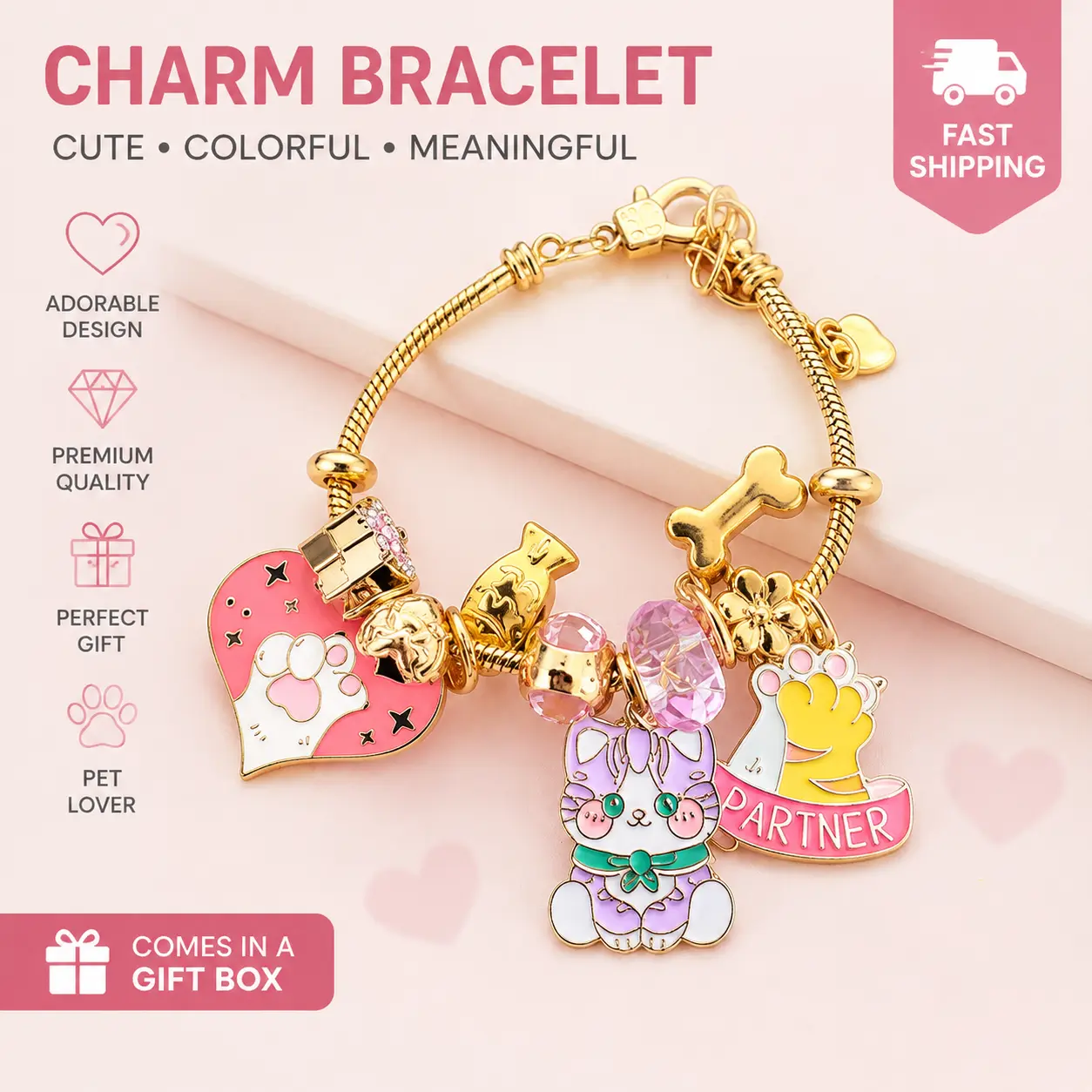 Cute Cartoon Cat Paw Charm Bracelet, Gold Snake Chain Beaded Bracelet with Kitten, Bone, Money Bag & Pink Crystal Charms, Aesthetic Kawaii Animal Wrist Jewelry, Lovely Friendship Gift for Teen Girls Women