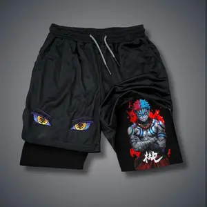 Trending 2025 Demon Slayer Akaza Upper Moon Three Anime 80s 90s Double-Layer Sports Shorts Graphic Shorts Black Camo Streetwear Shorts Men Outfits Men Vacation Outfits Shorts