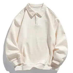 Men's Fashion Beige Polo Shirt Sweater - Loose Fit, Buttoned Placket Collar, Casual Trendy Layered Look