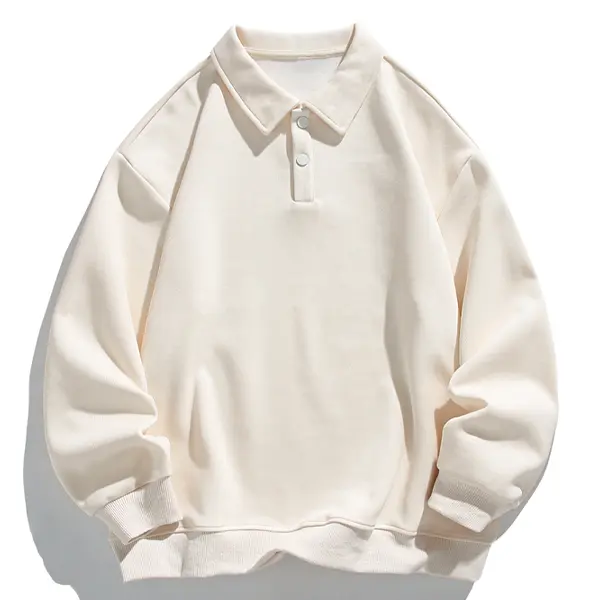 Men's Classic Beige Knit Polo Shirt Top - Relaxed Fit, Buttoned Placket Collar, Casual Trendy Layered Look (Menswear), Tops, Stylish, Cardigan, Collared, Long Sleeve, Plain